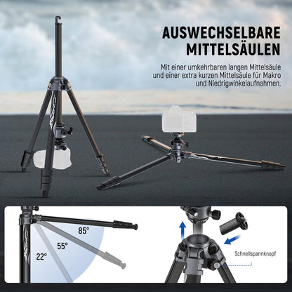 NEEWER LITETRIP LT07 61" Aluminum Travel Tripod, Camera Tripod with Pan Tilt Low Profile Ball Head Arca QR Plate compatible with Peak Design Tripod Plate V3, 2 in 1 Phone Clip Handle Max Load 22lb