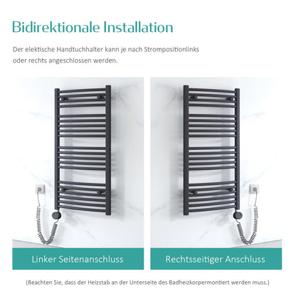 EMKE Electric Towel Warmer 120x60 cm, Curved Electric Bath Heater with Thermostat, Towel Dryer Towel Warmer with Timer Anthracite 600 Watt