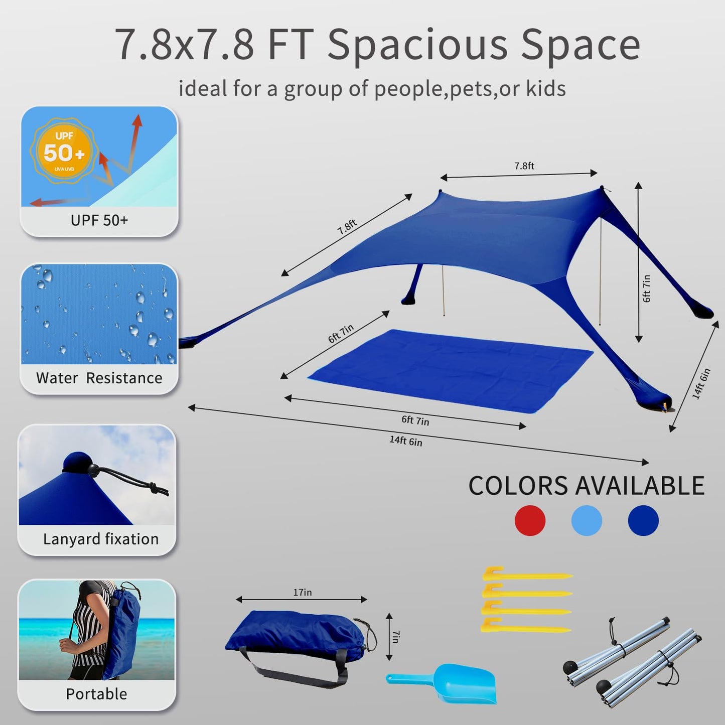 Cuupo Beach Tent, Pop-Up, 2x2.1m, SPF 50, Lycra, sun protection, outdoor, anti-wind, sun shelter with stability poles, backyard with beach blanket Navy Blue