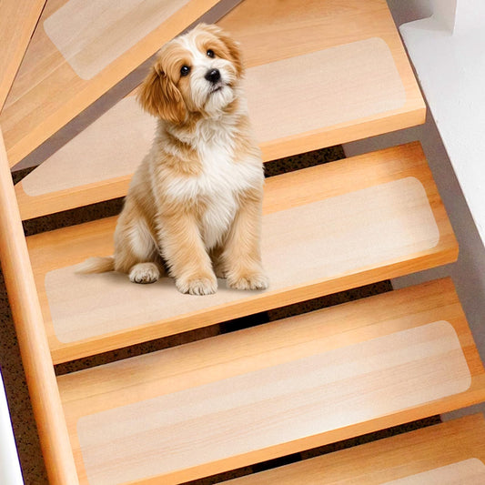 Non-slip stair treads mats, transparent self-adhesive stair carpet treads for indoor wood stairs floor, anti-slip mat adhesive pads, 10 x 60 cm, 15 pieces.