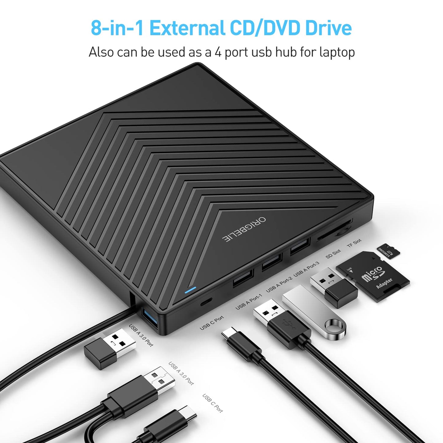 ORIGBELIE External DVD Drive, Ultra Slim CD Burner USB 3.0 with 4 USB Ports and 2 TF/SD Card Slots, Plug-and-Play External CD Drive for Laptop Mac, PC Windows 11/10/8/7, Linux OS