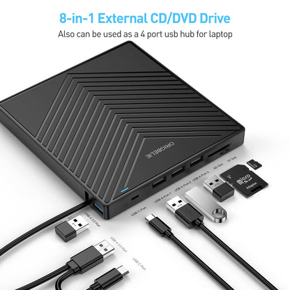 ORIGBELIE External DVD Drive, Ultra Slim CD Burner USB 3.0 with 4 USB Ports and 2 TF/SD Card Slots, Plug-and-Play External CD Drive for Laptop Mac, PC Windows 11/10/8/7, Linux OS
