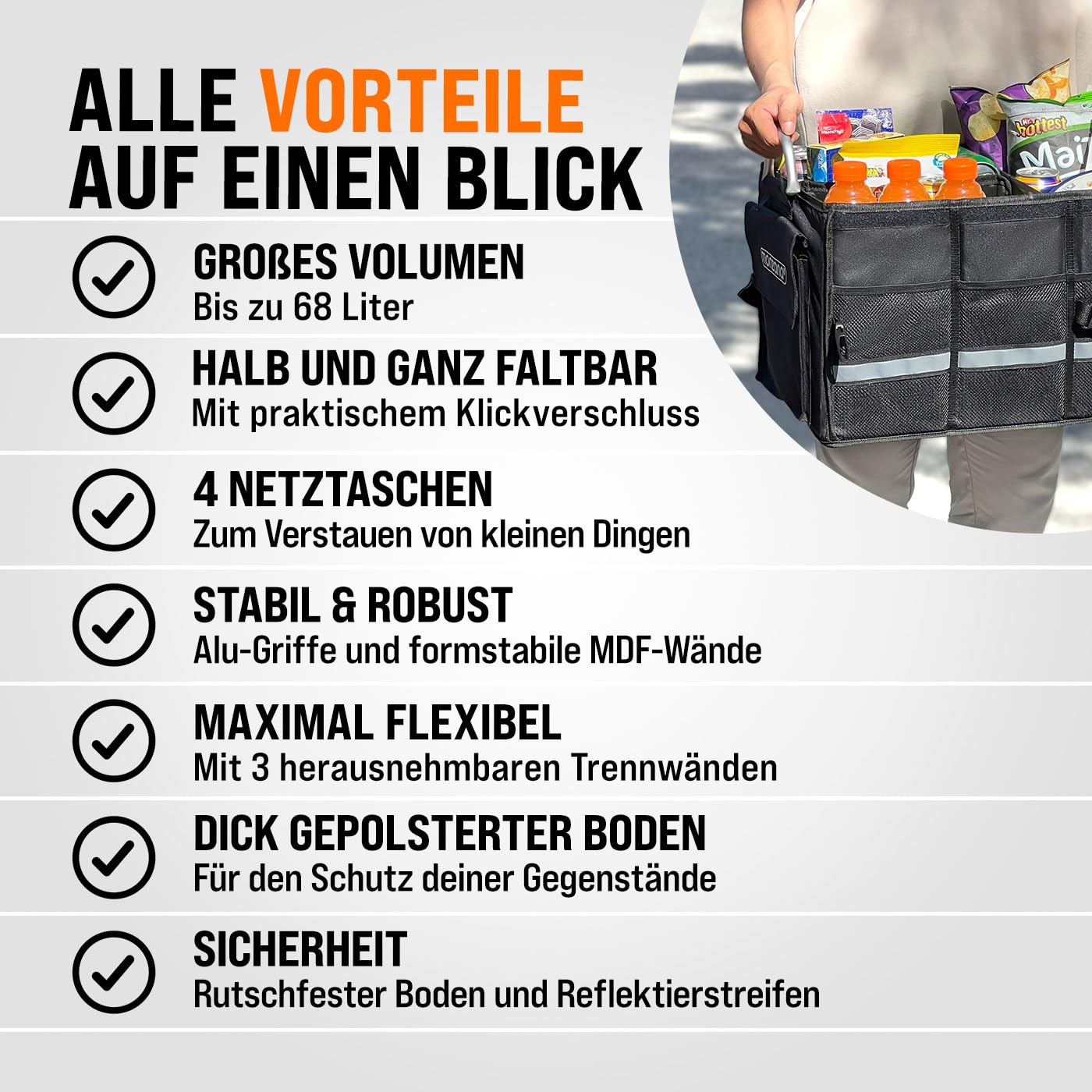 Monzana® Trunk Organizer Cover 68L Insulation Aluminum Handles Dividers Waterproof Foldable MDF Walls Non-Slip Trunk Bag Cooler Bag Folding Box