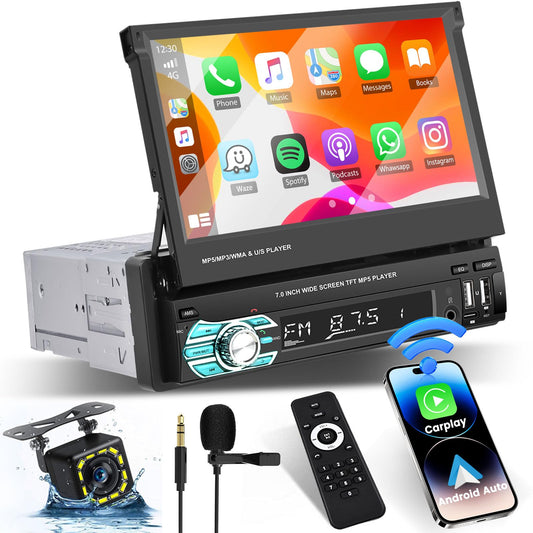 1Din wireless carplay android auto with retractable 7" screen car stereo with bluetooth hands-free calling USB Type-C interface AUX FM RDS mirror link backup camera