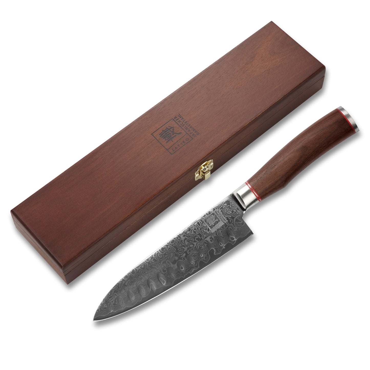 Zayiko Kurumi Premium Santoku knife with 17.5 cm blade made of 67 layers genuine Damascus steel with walnut handle I wooden box I Damascus knife kitchen knife and professional chef knife
