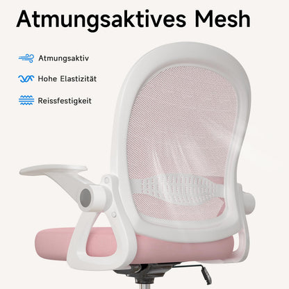 Naspaluro office chair with footrest ring, ergonomic desk chair with breathable mesh, foldable armrests, height adjustable, computer chair, lightweight, 360° swivel chair Pink.