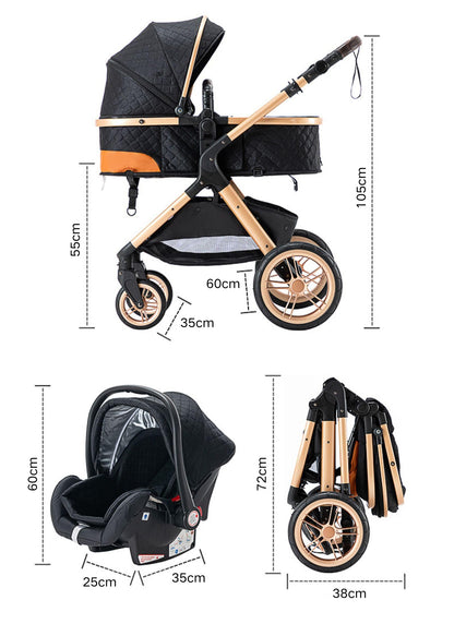 YAZOCO stroller 3 in 1 buggy baby bed complete set One-click collapsible stroller, combi stroller aluminum frame for newborns seat accessories (5 Khaki)