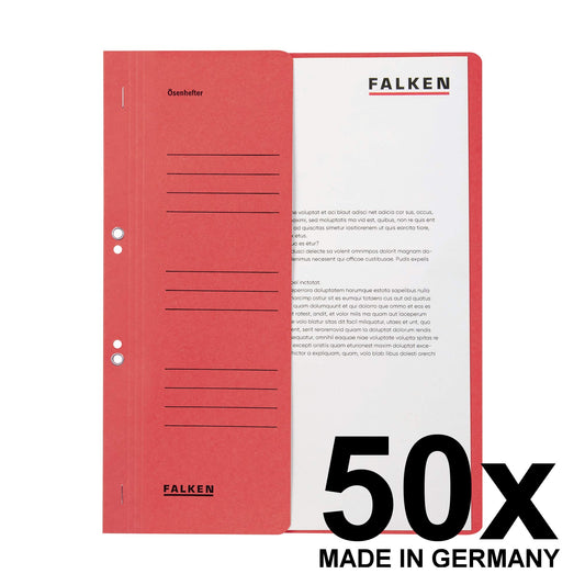 Original Falcons 50-pack eyelet files. Made in Germany. Made from recycled cardboard with half-front cover and commercial stapling for DIN A4 red folder collection folder Blue Angel