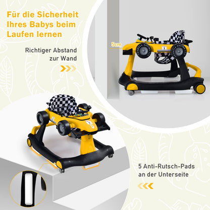COSTWAY 4 in 1 baby walker, foldable with adjustable height & speed, car-shaped design with music box, lights & wheels, suitable for babies from 6 months, can hold up to 12kg weight (yellow)