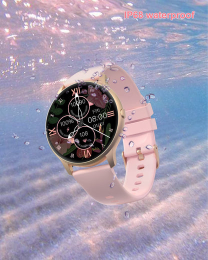 GRV Round Smartwatch for women and men with heart rate monitor, pedometer, sleep tracker, 7 days battery life, personalized watch face.