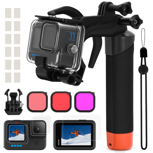 Accessory set for GoPro Hero 12 11 10 9 Black, oGoDeal waterproof protective case housing underwater floating hand grip screen protector red filter, one-handed underwater photo series set.