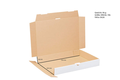 100 white large letter boxes 350 x 250 x 50 mm for DIN A4+ and B4 size. Suitable for shipping as large letter, goods or books.