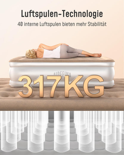 Airefina self-inflating air mattress with integrated pump, premium guest bed, fast inflation in 3 minutes, inflatable mattress for camping home use - 203 x 152 x 40 cm.