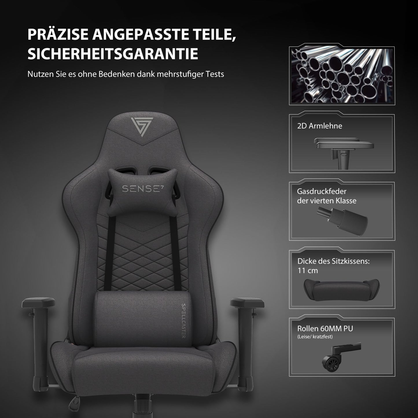 SENSE7 Gaming Fabric Spellcaster Office Chair Gamer Ergonomic seat Armrest One-piece steel frame Adjustable tilt angle Black, 43-52 x 69.5 x 57, 5902659841537