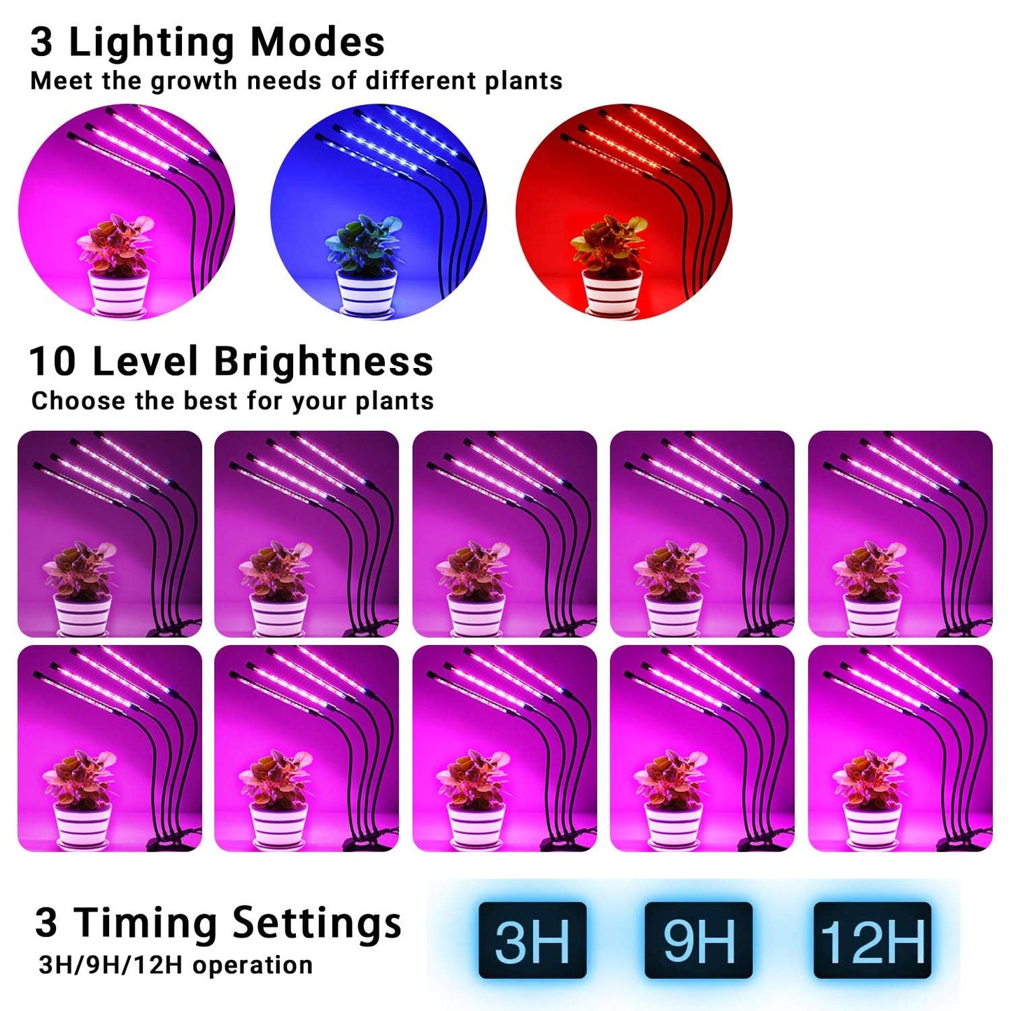 Niello Plant Lamp LED, Plant Light 80 LEDs Growth Lamp Growing light Full Spectrum with 10 Levels, 3 Modes, 4 Heads Growth Lamp with Timer for Gardening