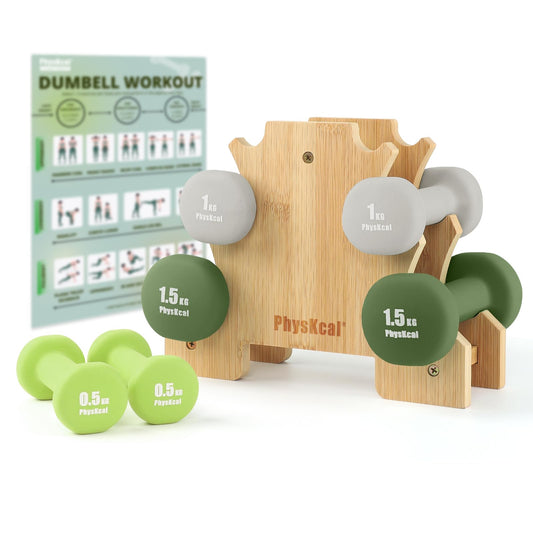 PhysKcal dumbbells 6-piece set with bamboo stand | 2 x 0.5kg, 2 x 1kg, 2 x 1.5kg dumbbell set for strength training | Dumbbells for women & children