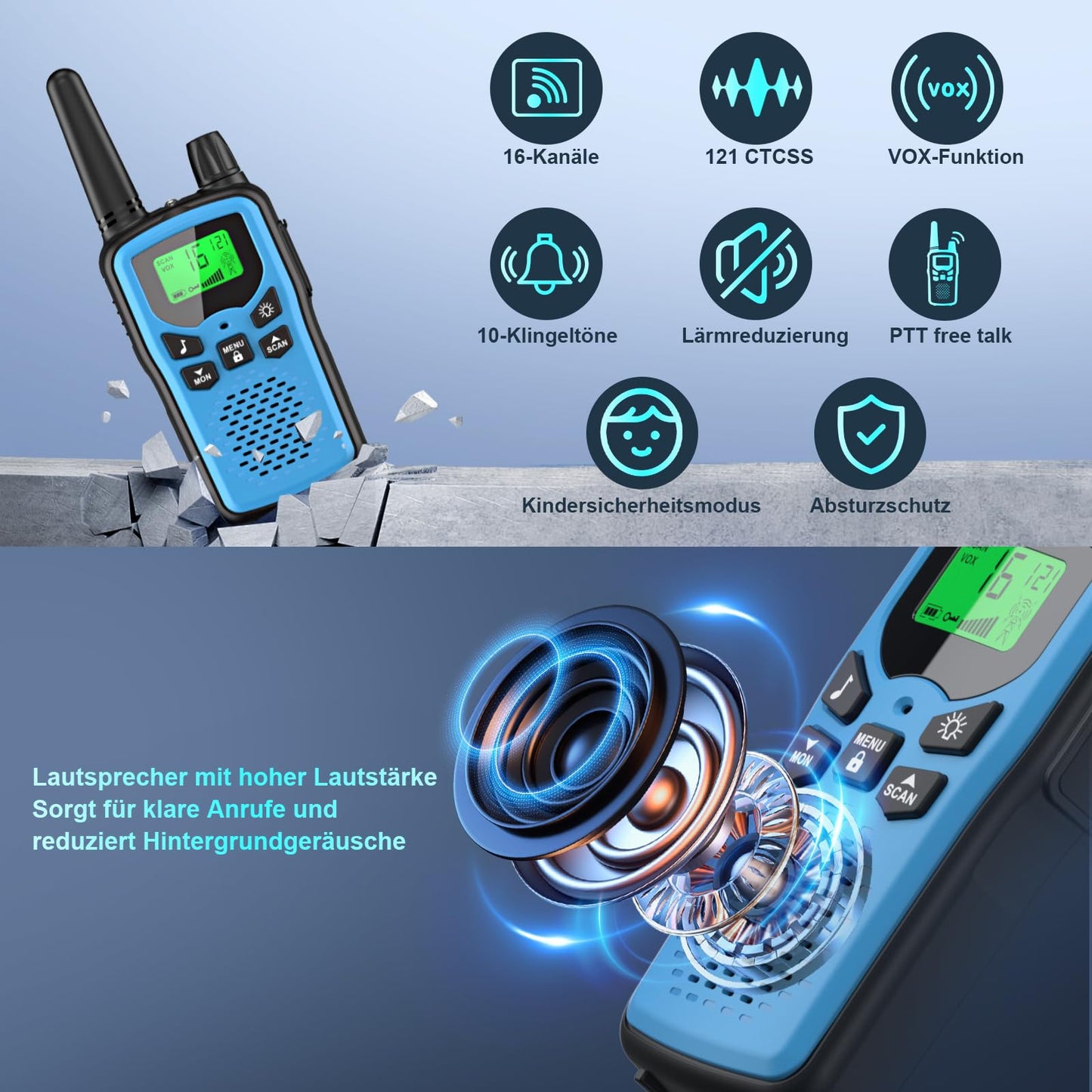 Walkie Talkie 3 piece set for kids, rechargeable, Rabigala walkie talkies with 5km long range for adults, Li-ion battery, VOX hands-free function, LED flashlight, LCD