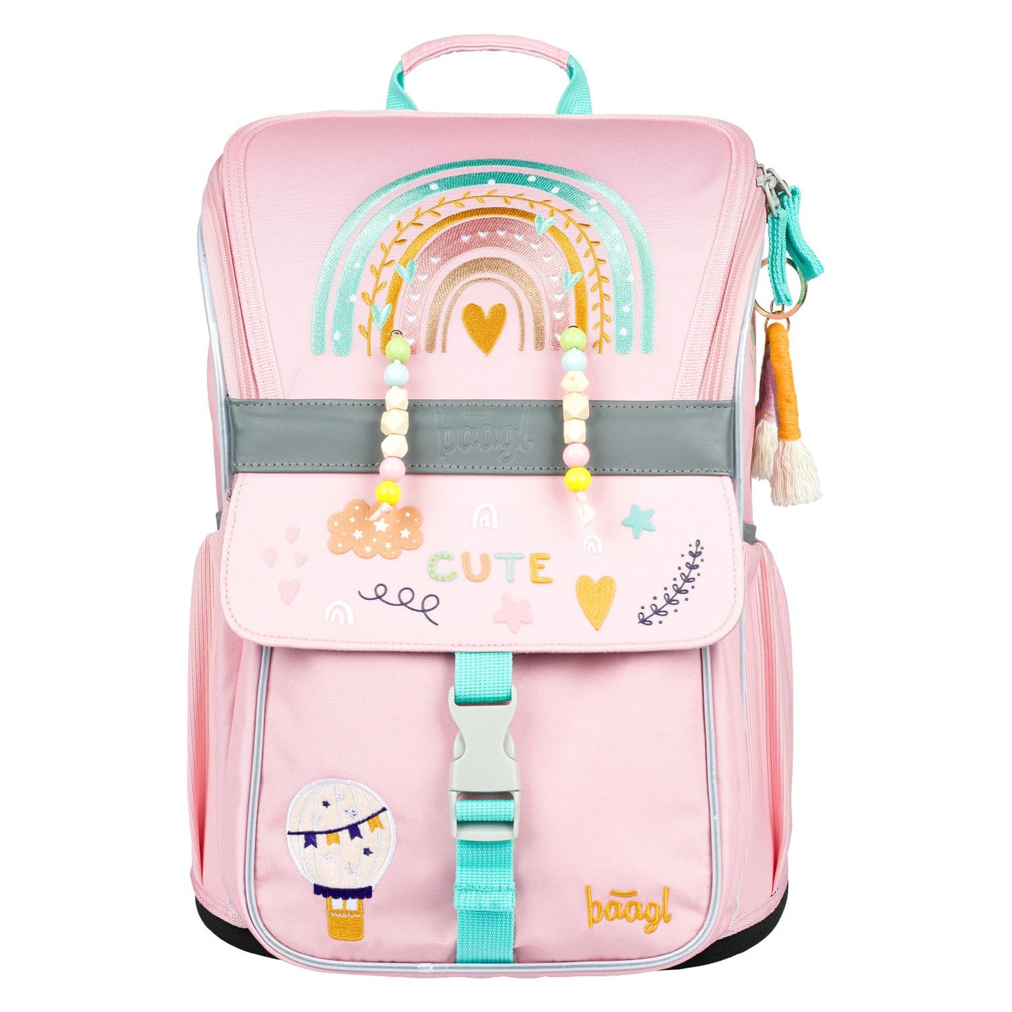 Baagl school backpack set for girls 3-piece, Zippy school bag for 1st grade, elementary school backpack with chest strap, ergonomic school rucksack (rainbow pink)