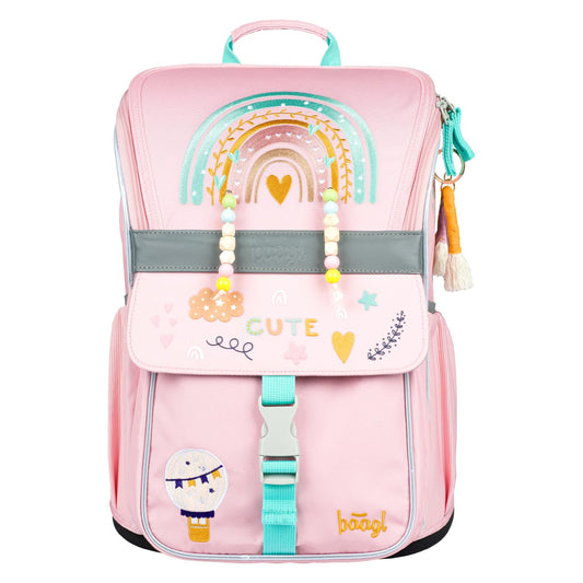 Baagl school backpack set for girls 3-piece, Zippy school bag for 1st grade, elementary school backpack with chest strap, ergonomic school rucksack (rainbow pink)