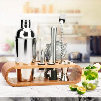 High-quality cocktail shaker set, 10-piece cocktail mixer set, made of stainless steel, with bamboo storage, including cocktail shaker, jigger, pourer, bar muddler, bar spoon, ice tongs, opener, jigger.