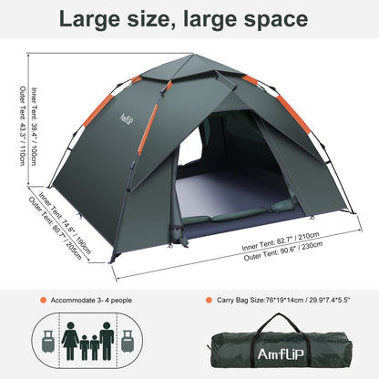 Amflip Camping Tent Automatic 2 Person Instant Tent Pop Up Dome Tent 4 Season Waterproof & Windproof Camping Tent with Detachable Outer Tent for Family Camping