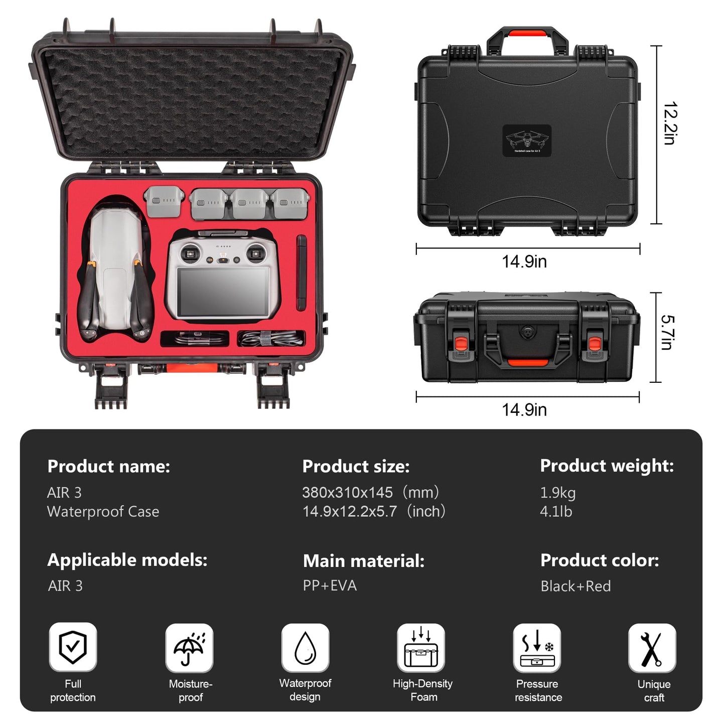 STARTRC bag for DJI Air 3/Air 3S accessories, waterproof hardshell storage case for DJI Air 3 Fly More Combo with DJI RC 2/RC-N2 remote control, drone carrying case with shoulder strap.