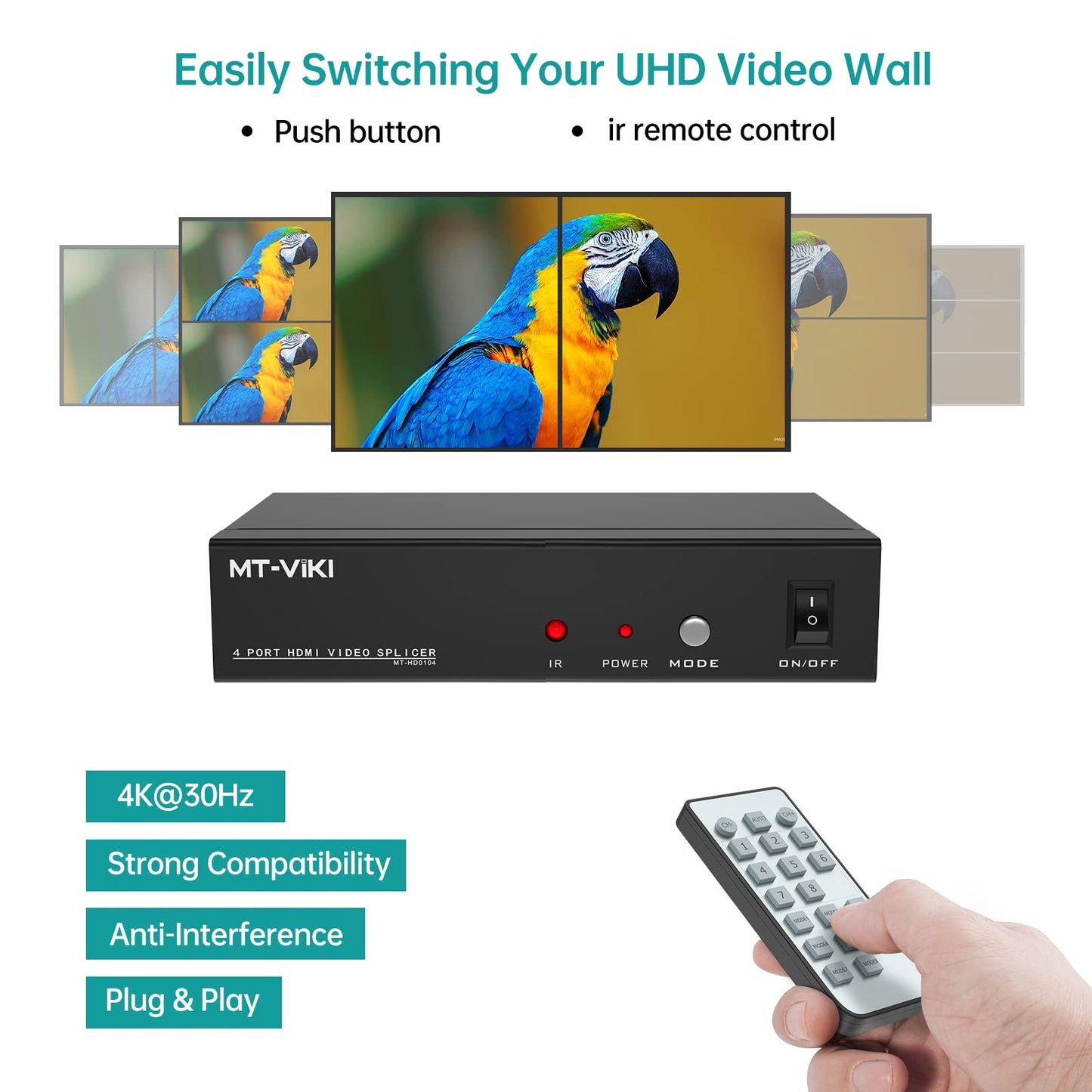 MT-VIKI 2x2 HDMI Video Wall Controller 2x2 Quad Splicer Screen Splitter 1 in 4 Out supports 8 display modes 2x2, 1x2, 1x3, 1x4, 2x1, 3x1, 4x1 30 Hz