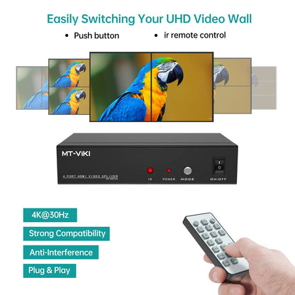 MT-VIKI 2x2 HDMI Video Wall Controller 2x2 Quad Splicer Screen Splitter 1 in 4 Out supports 8 display modes 2x2, 1x2, 1x3, 1x4, 2x1, 3x1, 4x1 30 Hz