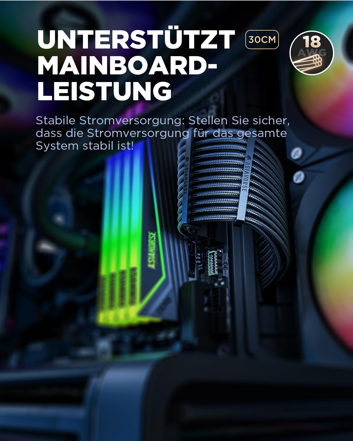 AsiaHorse PSU Cable Extension, PC Sleeved Cable Kit for GPU/CPU, 16AWG Power Supply Cable Extensions with Cable Combs, 24PIN/(6+2)PIN/(4+4)PIN Cable Management, 30CM, Black.