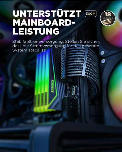 AsiaHorse PSU Cable Extension, PC Sleeved Cable Kit for GPU/CPU, 16AWG Power Supply Cable Extensions with Cable Combs, 24PIN/(6+2)PIN/(4+4)PIN Cable Management, 30CM, Black.