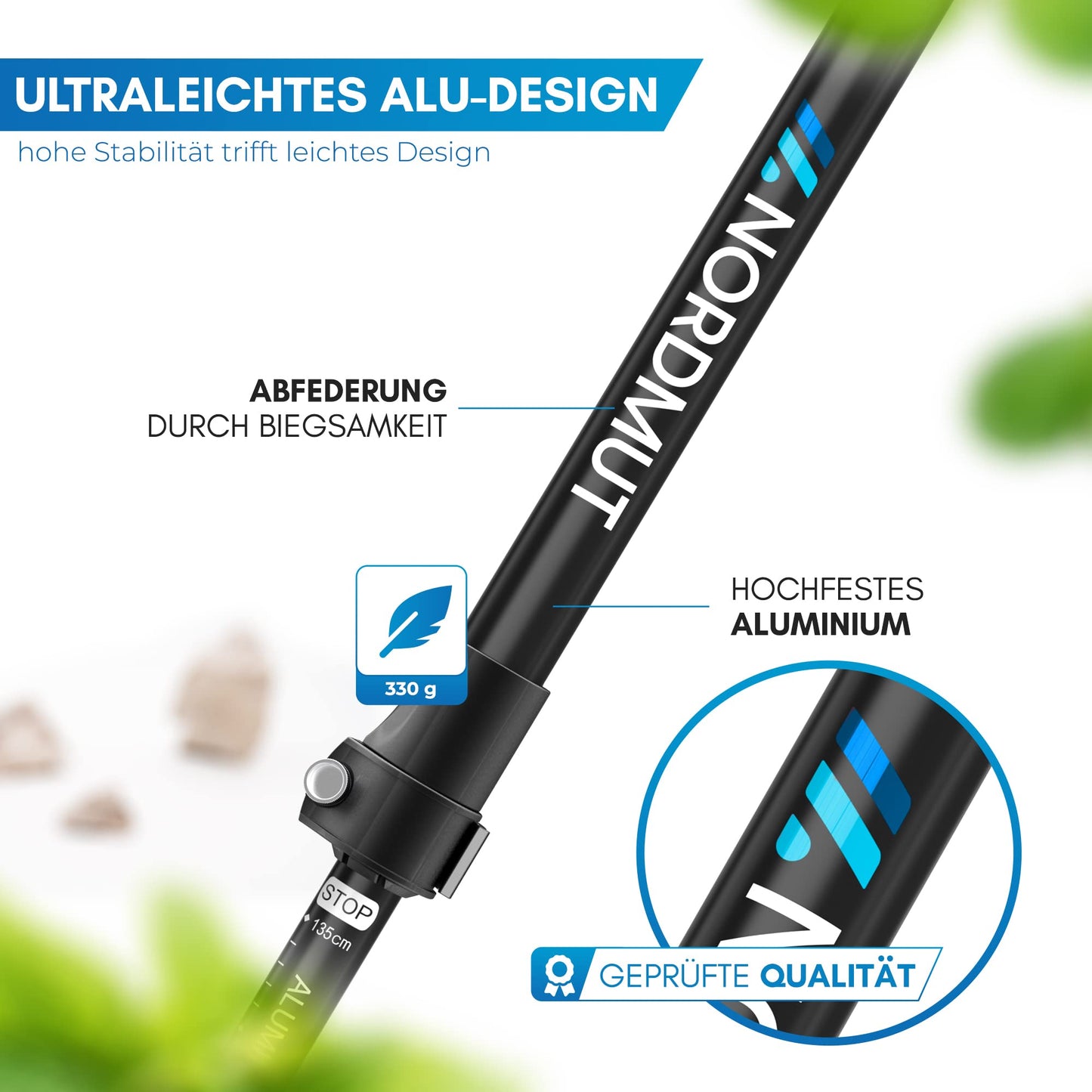 NORDMUT® hiking poles telescope aluminum | Nordic walking sticks for women and men | Ultra-lightweight trekking poles [with rubber buffer set] adjustable with genuine cork grip.