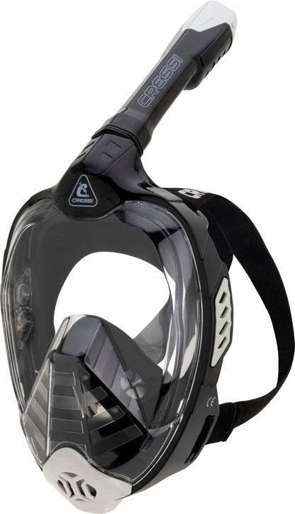 CRESSI Bali Full Face Mask Black/Grey S/M - Diving mask with ultra clear polycarbonate lens, 100% silicone, snorkel float valve, camera mount, black/grey, S/M size, for adults.