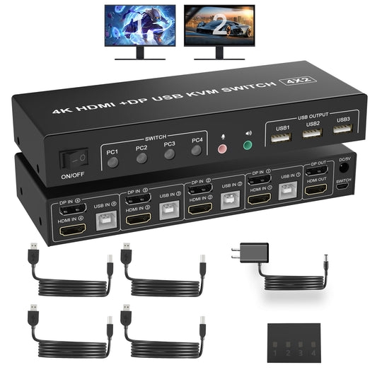 Displayport + HDMI KVM Switch for 2 monitors and 4 computers, 4K@60Hz Dual Monitor KVM Switch with 4 ports, audio output, microphone input, and 3 USB ports. HDMI+DP monitor switch for 4 PCs and 2 monitors.
