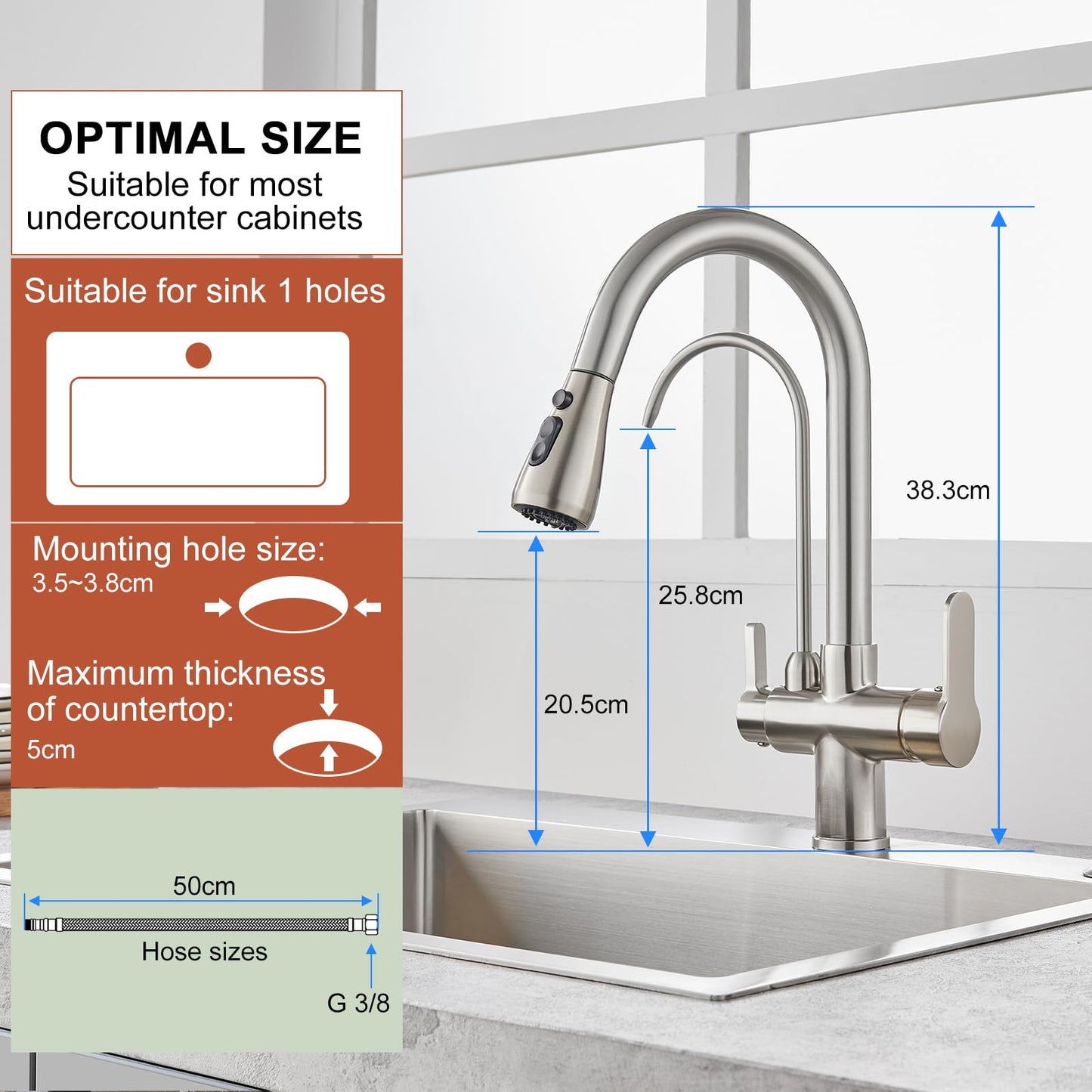 KINKIBOS 3-way kitchen faucet with pull-out sprayer for water filter, brass body, 360° swivel kitchen tap, mixer tap with drinking water spout, brushed nickel.