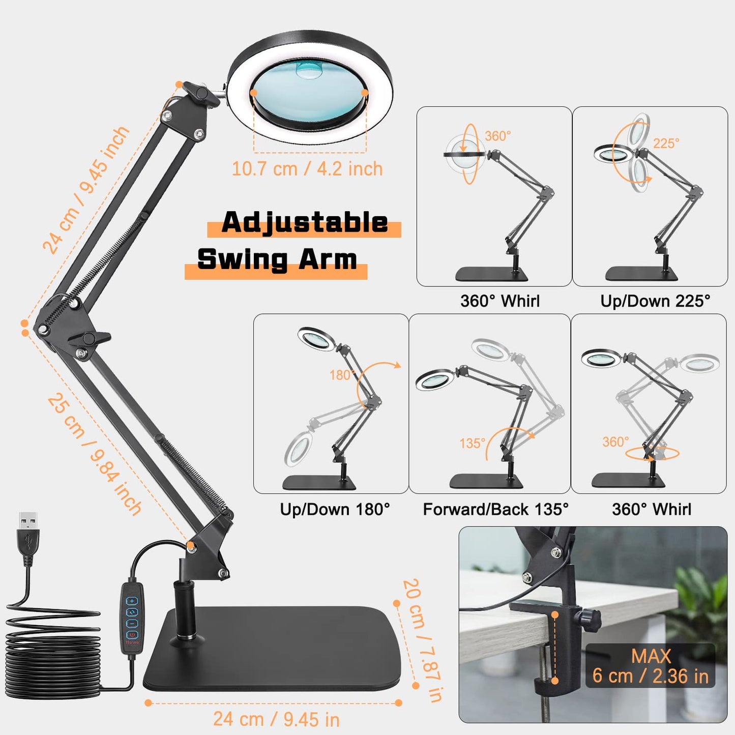 Jubor 2-in-1 Magnifying Glass with Light and Stand, 15X 10X LED Magnifier Lamp with Clamp and Base, Desk Lamp with 3 Color Modes Dimmable, LED Magnifying Lamp for Hobby Crafting, Repair, DIY