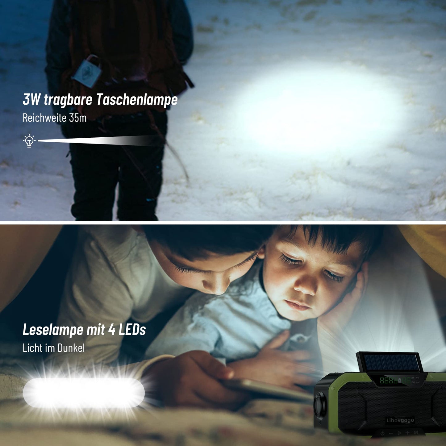 Libovgogo DF-580Pro 5000mAh hand-crank radio with phone charging function, solar, 7W IPX5 waterproof Bluetooth speaker, portable auto-scan AM/FM emergency radio with flashlight LED reading light for outdoor camping.