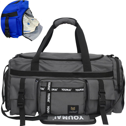 Large sports bag - HERROOI 55L sports backpack with shoe compartment wet compartment week waterproof duffle bag swimming bag for women men sports fitness gym sauna football & travel, gray