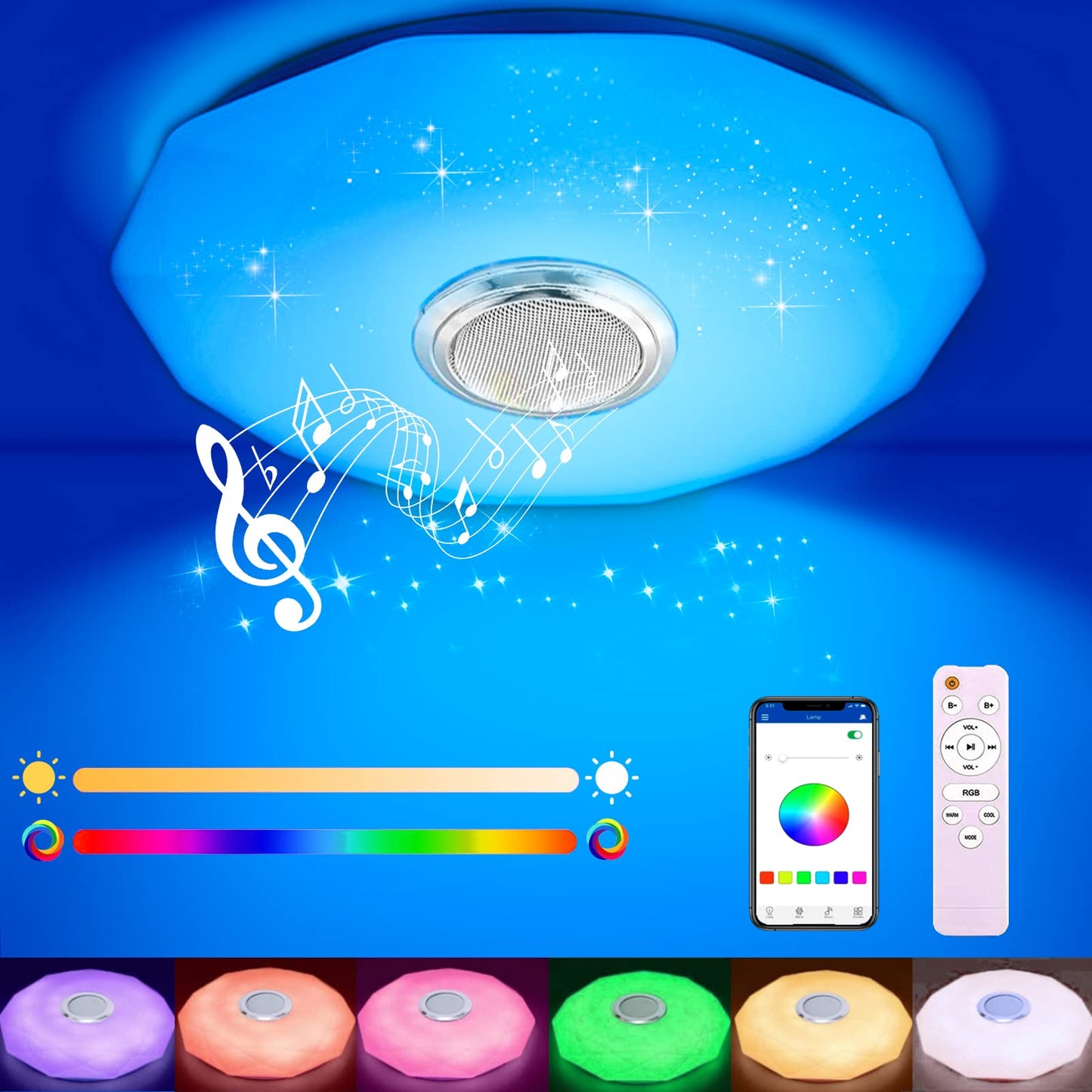 Whole LED ceiling light dimmable with Bluetooth speaker, LED ceiling lamp with remote control or APP control, RGB color changing, music playback for bedroom bathroom living room.