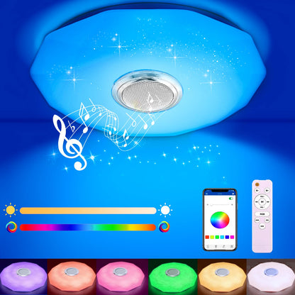 Whole LED ceiling light dimmable with Bluetooth speaker, LED ceiling lamp with remote control or APP control, RGB color changing, music playback for bedroom bathroom living room.