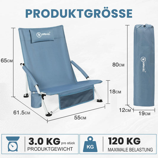 Homecall Folding Beach Chair Lightweight Portable Camping Low Chair with Comfortable Backrest, Padded Armrests - beach chair beach chairs foldable Up to 120KG (1 Chair with Cushion)