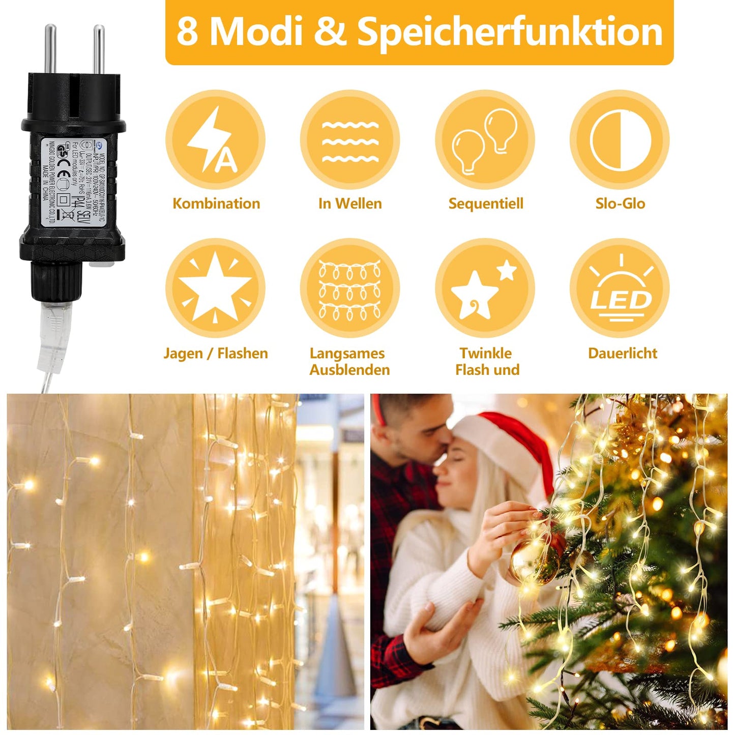 Cecaylie LED icicle lights outdoor 600LED 15m Christmas lights outdoor with 8 lighting modes IP44 string lights powered by electricity for indoor outdoor decor bedroom Christmas party (Warm White)