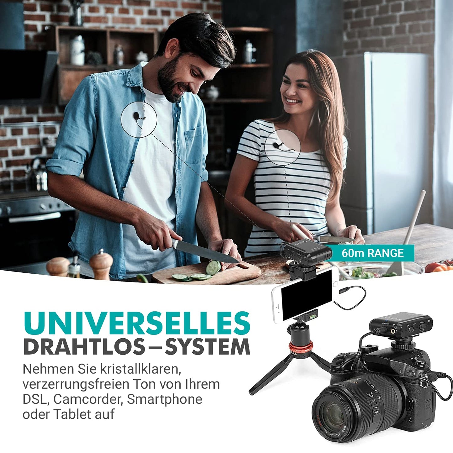 Movo WMX-1-DUO 2.4GHz Wireless Lavalier Microphone System, compatible with DSLR cameras, camcorders, iPhone, Android smartphones, and tablets (60m audio range)