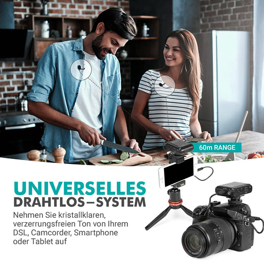Movo WMX-1-DUO 2.4GHz Wireless Lavalier Microphone System, compatible with DSLR cameras, camcorders, iPhone, Android smartphones, and tablets (60m audio range)