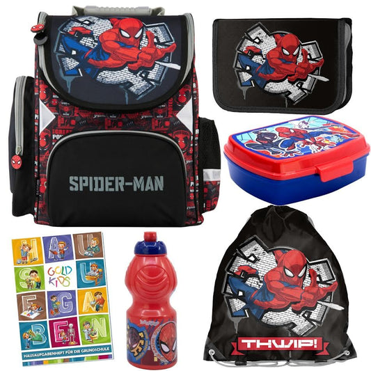 Goldkids - School backpack for boys and girls - Kids' backpack with pencil case - Shoe bag and homework book - Spider-Man design - for 1st to 3rd grade (6-piece set)
