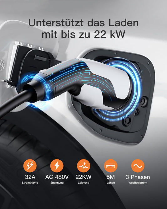 Tomons Type 2 charging cable, 22KW 5M 32A 3-phase, electric vehicle Type 2 for EV/PHEV, Type 2 to Type 2 EV with carrying bag and microfiber cloth for Model S/3/X/Y, ID.3, ID.4.