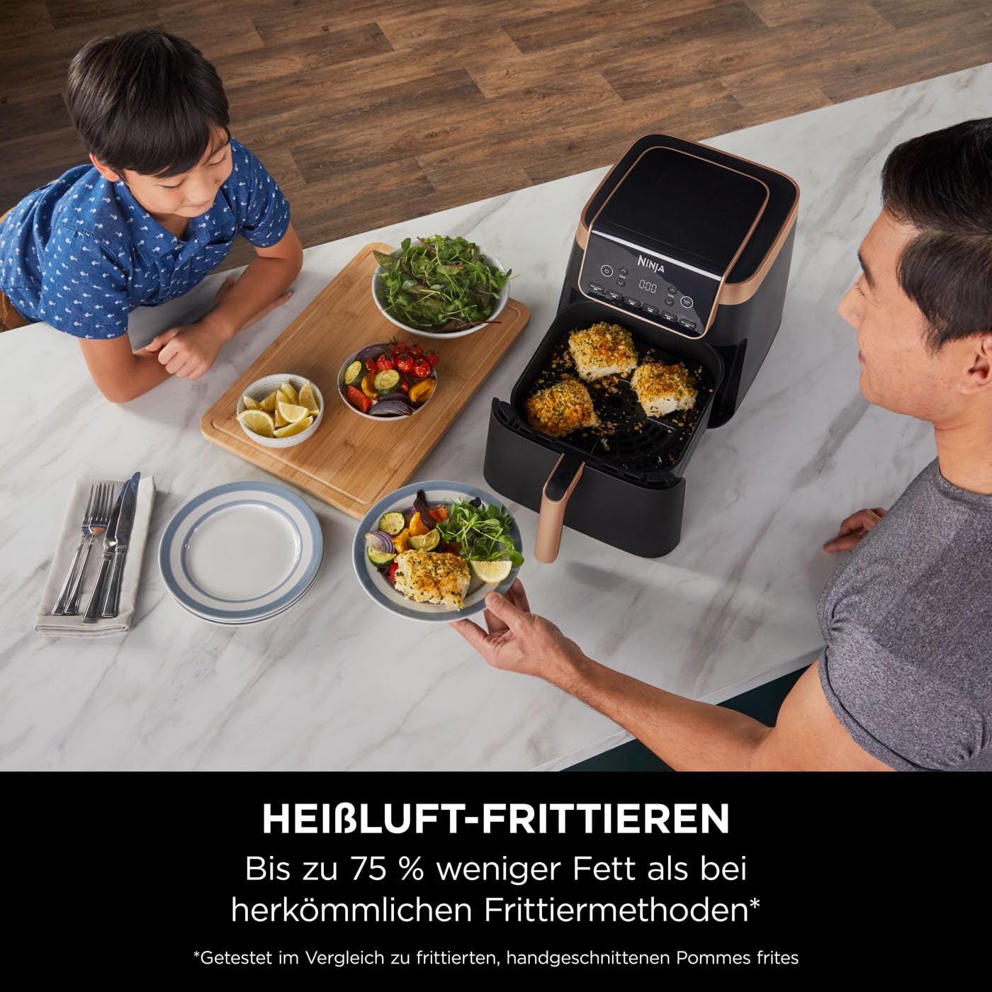 Ninja Max Pro Hot Air Fryer, 6.2L, oil-free, large drawer, roast, bake, air fry, non-stick coated, dishwasher-safe basket & crisper grid insert, silicone tongs, black/copper, AF180EUCP