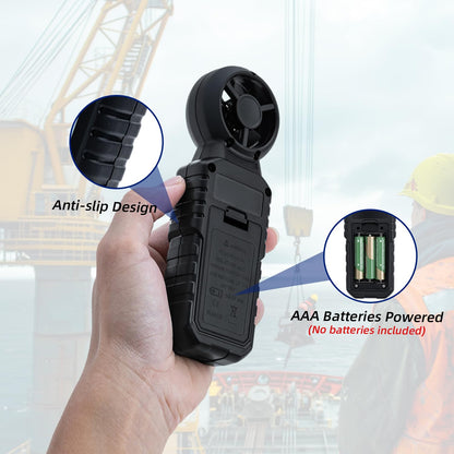 Mcbazel 3 in 1 Handheld Digital Anemometer Wind Speed Meter for measuring wind speed, temperature, wind chill for HVAC, drones, sailing, fishing.