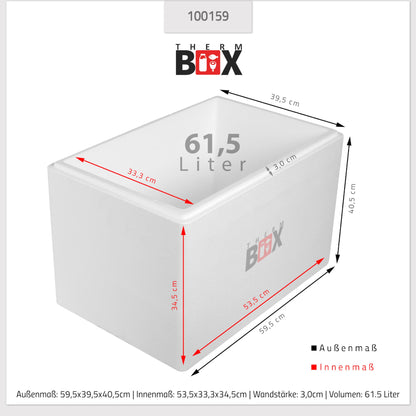 THERM-BOX Styrofoam box 61W Inside: 53x33x34cm Wall: 3cm Volume: 61.5L Insulated box Cooler box Warm-keeping box Reusable