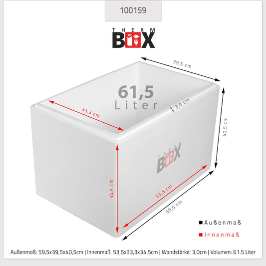 THERM-BOX Styrofoam box 61W Inside: 53x33x34cm Wall: 3cm Volume: 61.5L Insulated box Cooler box Warm-keeping box Reusable