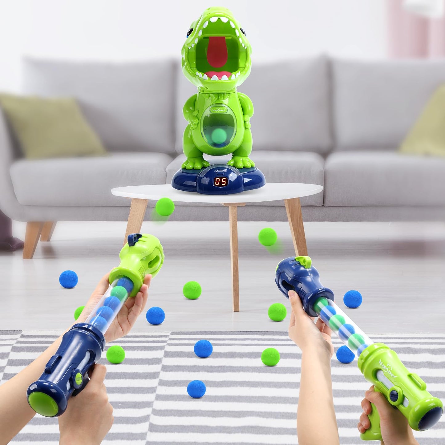 EagleStone Moving Dinosaur Shooting Toy for kids, target game with 2 air pump guns, party toy with score display, LED and sound, gift for boys and girls.